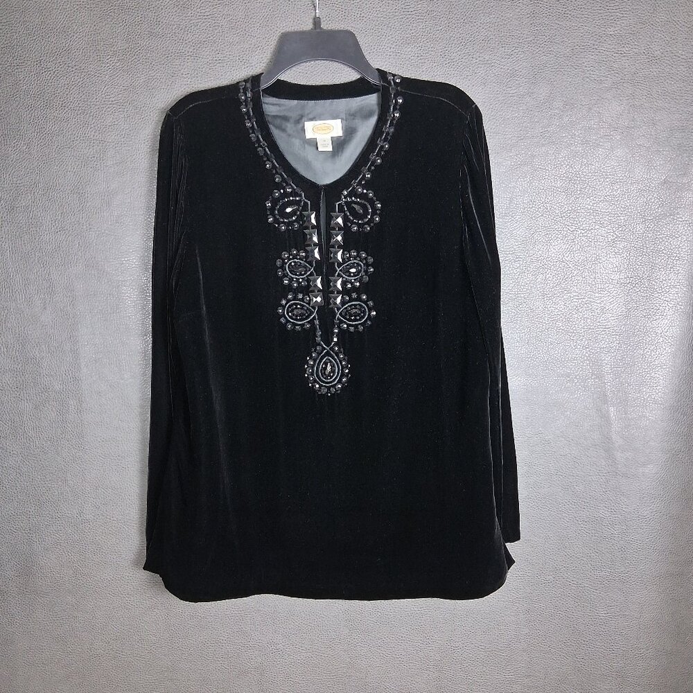Talbots Top Womens 14 Velvet Silk Beaded Dark Romantic Vintage Whimsigoth Black